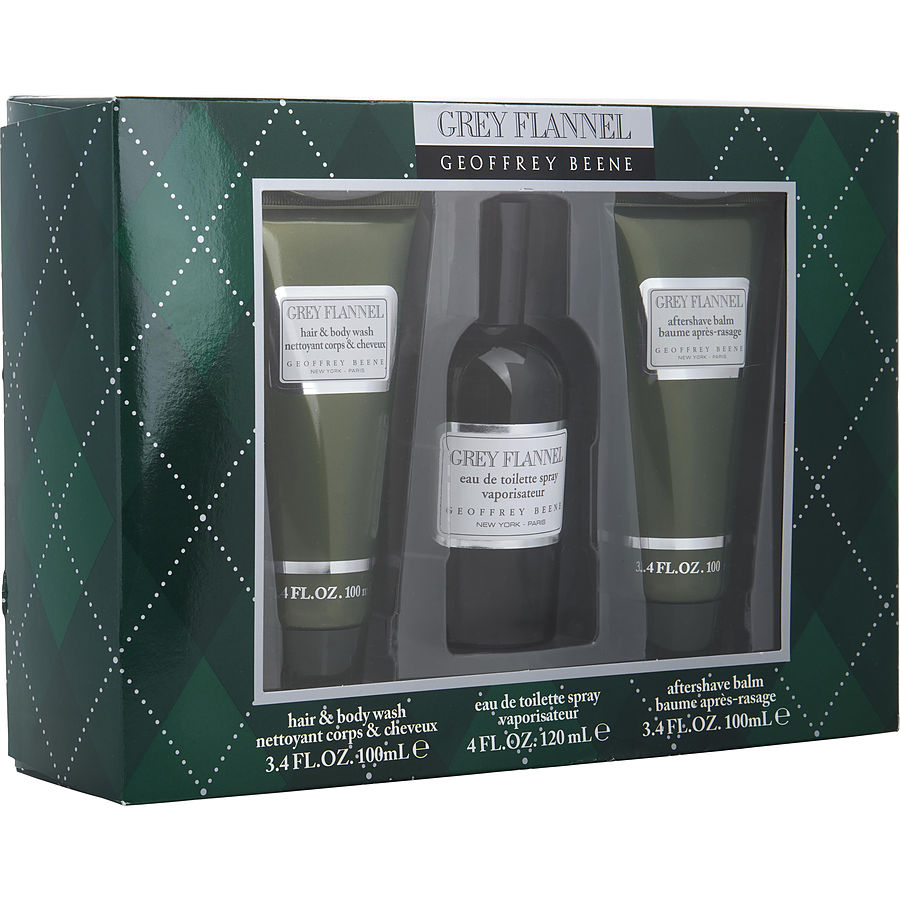 Grey Flannel by Geoffrey Beene for Men. Gift Set (Eau De Toilette Spray 4 oz + Aftershave Balm 3.4 oz + Hair + Body Wash 3.4 oz)
