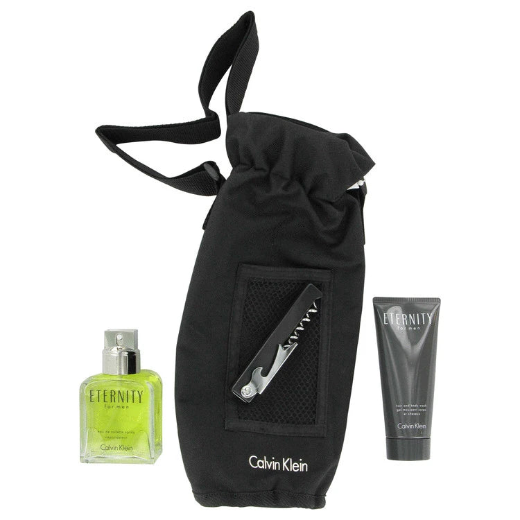Eternity by Calvin Klein for Men. Gift Set (3.4 oz Eau De Toilette Spray + 3.4 oz Hair and Body Wash Tube + Wine Carrier and Opener) | Perfumepur.com