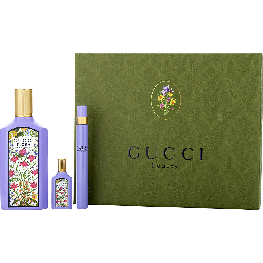 Gucci Flora Gorgeous Magnolia By Gucci for Women. Gift Set (Eau De Parfum Spray 3.3 oz + Eau De Parfum Spray 0.33 oz + Eau De Parfum 0.16 oz Mini) | Perfumepur.com