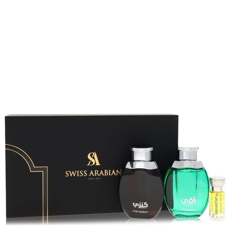 Kenzy by Swiss Arabian for Men. Gift Set (2 x 3.4 oz Eau De Parfum in Raaqi & Kenzy + 0.4 oz Concentrated Perfume Oil in Private Musk) | Perfumepur.com