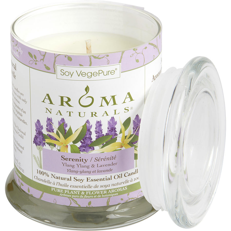 Serenity Aromatherapy By Serenity Aromatherapy for Unisex. One 3.7X4.5 Inch Medium Glass Pillar Soy Aromatherapy Candle. Combines The Essential Oils Of Lavender And Ylang Ylang To Enhance Inner Balance And Well-Being. Burns Approx. 45 Hrs. | Perfumepur.com