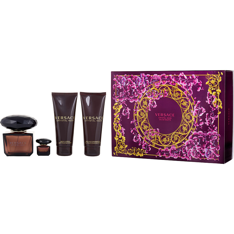 Versace Crystal Noir By Gianni Versace for Women. Gift Set (Eau De Toilette Spray 3 oz + Body Lotion 3.4 oz + Shower Gel 3.4 oz + Eau De Toilette 0.17 oz Mini) | Perfumepur.com