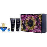 Versace Dylan Blue By Gianni Versace for Women. Gift Set (Eau De Parfum Spray 3.4 oz + Body Lotion 3.4 oz + Shower Gel 3.4 oz + Eau De Parfum 0.17 oz Mini) | Perfumepur.com